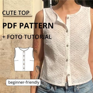 Beginner Tank Top Sewing Pattern PDF — Easy Sleeveless Button-Front, Print at Home A4/Letter + A0, Seam Allowance Included