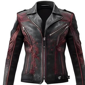 Gothic Dragon Leather Jacket | Men&#39;s Black Biker Jacket with Red Tattoo Design | Punk Rock Streetwear | Distressed Motorcycle Jacket