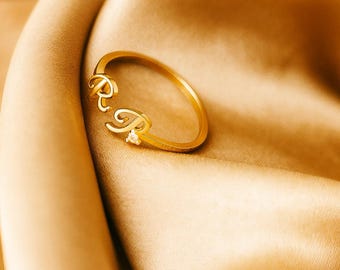 Anillo con inicial personalizado: joya de acero inoxidable personalizada con extremo abierto, anillo con letra ajustable, regalo minimalista para mujer.
