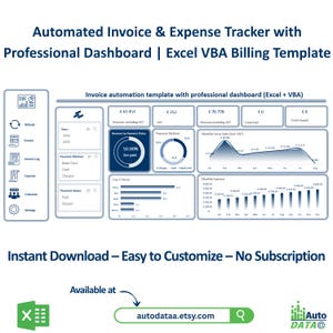 Könnte beinhalten: Eine digitale Dashboard-Vorlage zur automatisierten Rechnungs- und Ausgabenverfolgung. Die Excel VBA-Abrechnungsvorlage enthält Diagramme und Grafiken zur Finanzdatenvisualisierung. Sofortiger Download und einfache Anpassung.