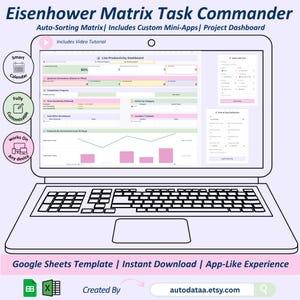 Puede incluir: Una pantalla de portátil muestra el panel de control "Eisenhower Matrix Task Commander", con gráficos y herramientas de gestión de tareas. La interfaz incluye texto como "Auto-Sorting Matrix" e "Includes Custom Mini-Apps". El portátil está delineado en blanco. La imagen muestra una herramienta de productividad.
