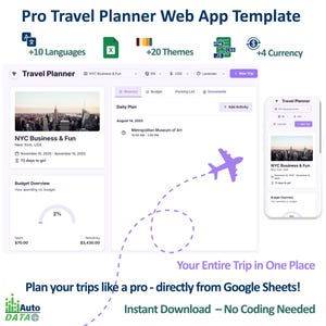 Modello di app Web per pianificatore di viaggi professionale, itinerario, budget, preparazione dei bagagli (download digitale)