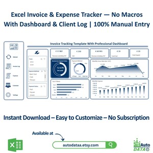 May include: A digital invoice and expense tracker template with a dashboard and client log. The template includes charts and graphs for tracking revenue, expenses, and payment methods. The text on the image says "Excel Invoice & Expense Tracker - No Macros".