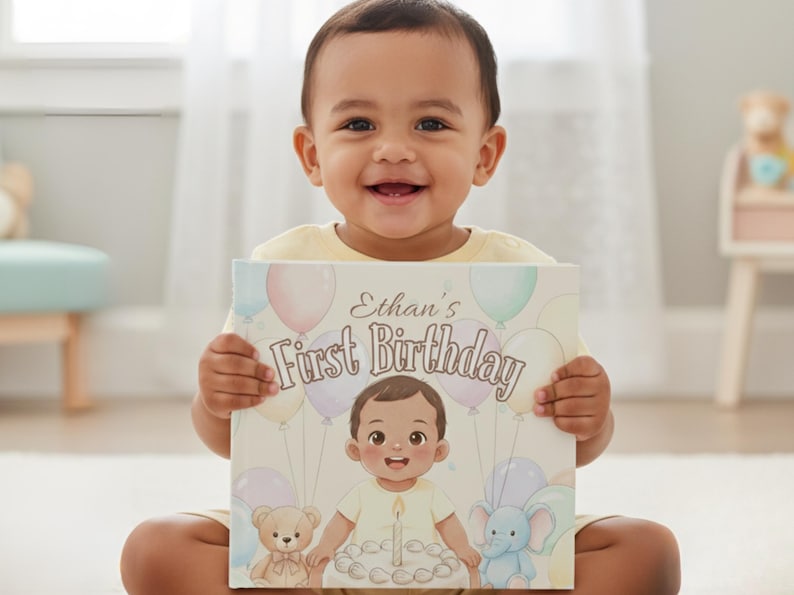 May include: A baby smiles, holding a book that reads "Ethan's First Birthday." The cover shows a cartoon baby, balloons, a teddy bear, and an elephant. The design uses pastel colours.