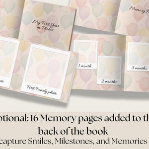 May include: A baby photo album with a pastel balloon design. The album has spaces for photos labelled "My First Photo" and "First Family photo." Additional pages are marked for months 1-4. Text reads "My First Year in Photos."