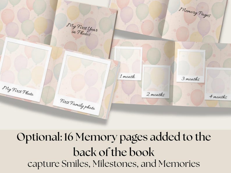 May include: A baby photo album with a pastel balloon design. The album has spaces for photos labelled "My First Photo" and "First Family photo." Additional pages are marked for months 1-4. Text reads "My First Year in Photos."
