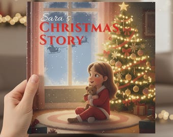 May include: A children's book titled "Sara's Christmas Story" featuring a young girl in red pajamas holding a teddy bear. The illustration shows a Christmas tree with ornaments and a snowy scene outside a window.