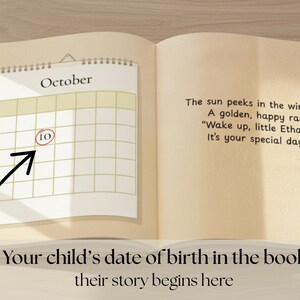 May include: An open book with a calendar page showing October 10 circled. Text reads, "Your child's date of birth in the book their story begins here." The right page has text about a special day.