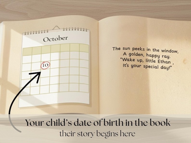 May include: An open book with a calendar page showing October 10 circled. Text reads, "Your child's date of birth in the book their story begins here." The right page has text about a special day.