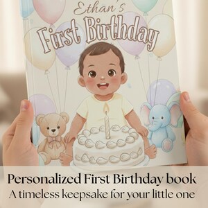 May include: A personalised children's book titled "Ethan's First Birthday" features a cartoon illustration of a baby with a birthday cake, teddy bear, and elephant. Pastel balloons float in the background. The text "Personalized First Birthday book" is at the bottom.