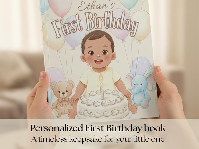 May include: A personalised children's book titled "Ethan's First Birthday" features a cartoon illustration of a baby with a birthday cake, teddy bear, and elephant. Pastel balloons float in the background. The text "Personalized First Birthday book" is at the bottom.