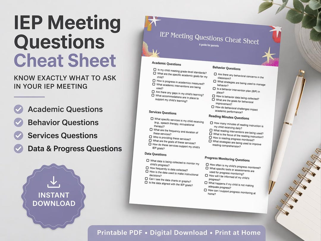Time Iep Question IEP Meeting Questions Cheat Sheet | IEP Parent Printable | Instant ...