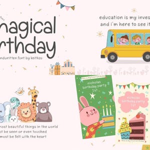 May include: A digital display showcasing the Magical Birthday handwritten font by keithzo, featuring illustrations of a yellow school bus, cartoon animals, birthday cakes, ice cream, and three party invitation cards with the text Nicholas birthday party 1st.