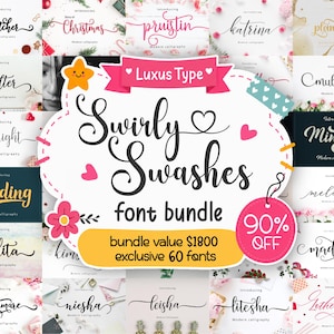 May include: A digital font bundle display featuring the text Luxus Type Swirly Swashes font bundle, bundle value $1800 exclusive 60 fonts, and 90% OFF. The graphic includes a pink banner, a yellow rounded rectangle, and a pink circular tag.