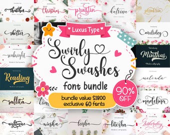 May include: A digital font bundle display featuring the text Luxus Type Swirly Swashes font bundle, bundle value $1800 exclusive 60 fonts, and 90% OFF. The graphic includes a pink banner, a yellow rounded rectangle, and a pink circular tag.