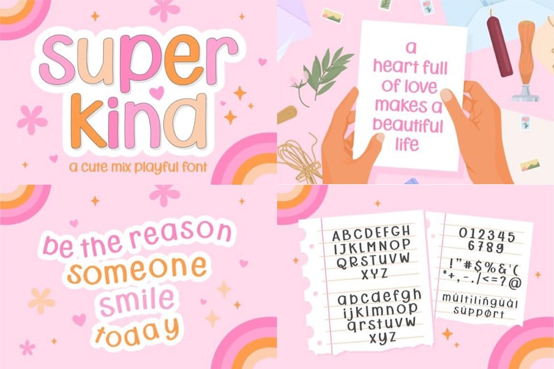May include: A digital font display featuring the text super kind a cute mix playful font, be the reason someone smile today, and a heart full of love makes a beautiful life. The design includes uppercase and lowercase letters, numbers, and symbols.