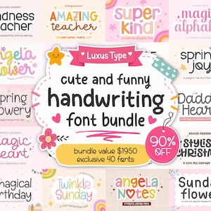 Może przedstawiać: Cyfrowa kolekcja czterdziestu czcionek odręcznych zatytułowana cute and funny handwriting font bundle. Centralna grafika zawiera różowy baner z napisem Luxus Type, żółtą gwiazdkę, różowy kwiat oraz okrągłą etykietę z napisem 90% OFF.