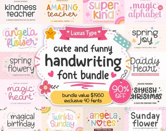 Cute Handwriting Font Bundle, 40 Playful OTF Fonts for Cricut, Canva, Procreate, Kids Crafts & Commercial Use