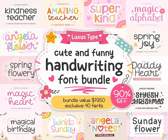 Cute Handwriting Font Bundle, 40 Playful OTF Fonts for Cricut, Canva, Procreate, Kids Crafts & Commercial Use