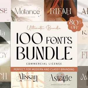 May include: A promotional image showcasing a font bundle with 100 fonts. The text includes "Ultimate Bundle" and "100 Fonts Bundle" in large, bold letters. The image also features various font examples and the text "Commercial License".