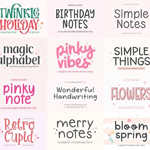 May include: A digital display sheet showcasing twelve distinct font styles with text including Twinkle Holiday, Birthday Notes, Simple Notes, Magic Alphabet, Pinky Vibes, Simple Things, Pinky Note, Wonderful Handwriting, Flowers, Retro Cupid, Merry Notes, and Bloom Spring.