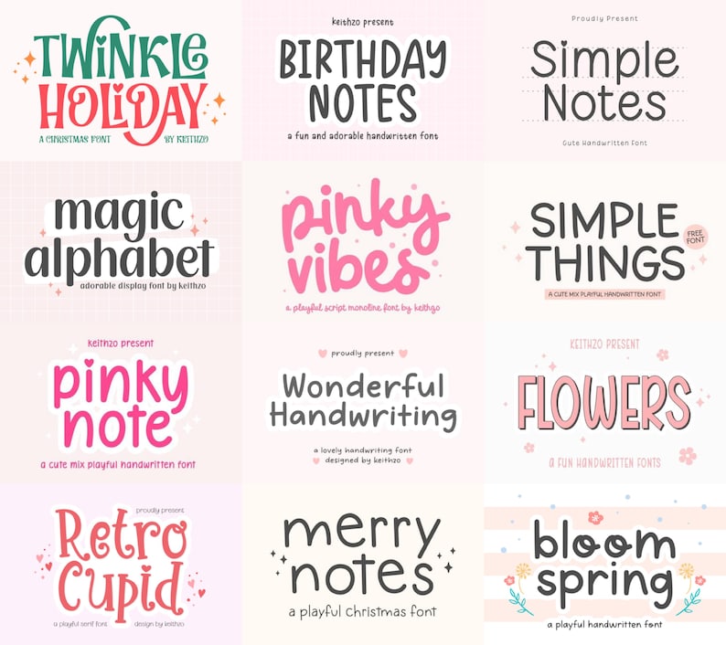 May include: A digital display sheet showcasing twelve distinct font styles with text including Twinkle Holiday, Birthday Notes, Simple Notes, Magic Alphabet, Pinky Vibes, Simple Things, Pinky Note, Wonderful Handwriting, Flowers, Retro Cupid, Merry Notes, and Bloom Spring.