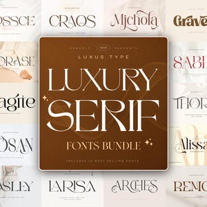 Peut inclure: Un affichage graphique numérique présentant un panneau central carré marron avec le texte blanc LUXURY SERIF FONTS BUNDLE, entouré d'une grille de douze noms de polices serif distincts dont ROSSCE, CRAQS, MJCHOLA, GRAVELO, MORASE, SABER, SAGITE, THORIN, YOSAN, ALISSAN, GASLEY, LARISA, ARCHES et REMON.