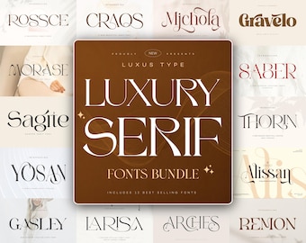 May include: A digital graphic display featuring a brown square central panel with the white text LUXURY SERIF FONTS BUNDLE, surrounded by a grid of twelve distinct serif font names including ROSSCE, CRAQS, MJCHOLA, GRAVELO, MORASE, SABER, SAGITE, THORIN, YOSAN, ALISSAN, GASLEY, LARISA, ARCHES, and REMON.