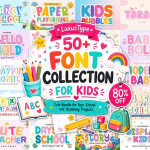 Peut inclure: Un affichage graphique numérique présentant une collection de plus de 50 polices pour enfants, avec divers styles typographiques colorés, un pot à crayons, un livre ouvert avec des lettres ABC, une règle jaune et un petit sac à dos sur fond.