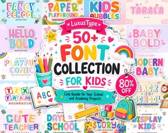 May include: A digital graphic display featuring a 50+ font collection for kids, showcasing various colorful typography styles, a pencil holder, an open book with ABC letters, a yellow ruler, and a small backpack, all set against a collage background.