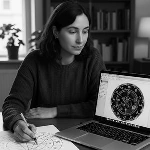 May include: A woman is seated at a desk, working on a detailed astrological chart. A laptop displays a similar chart, and she is using a pen to draw on a paper version. The scene is in black and white, with a bookshelf in the background.