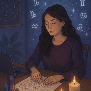 Könnte beinhalten: Illustration einer Person, die Astrologie studiert. Die Person sitzt an einem Holztisch mit einem Laptop, Kristallen und brennenden Kerzen. Ein Diagramm mit Tierkreiszeichen befindet sich vor ihnen, mit weiteren Symbolen im Sternenhintergrund.