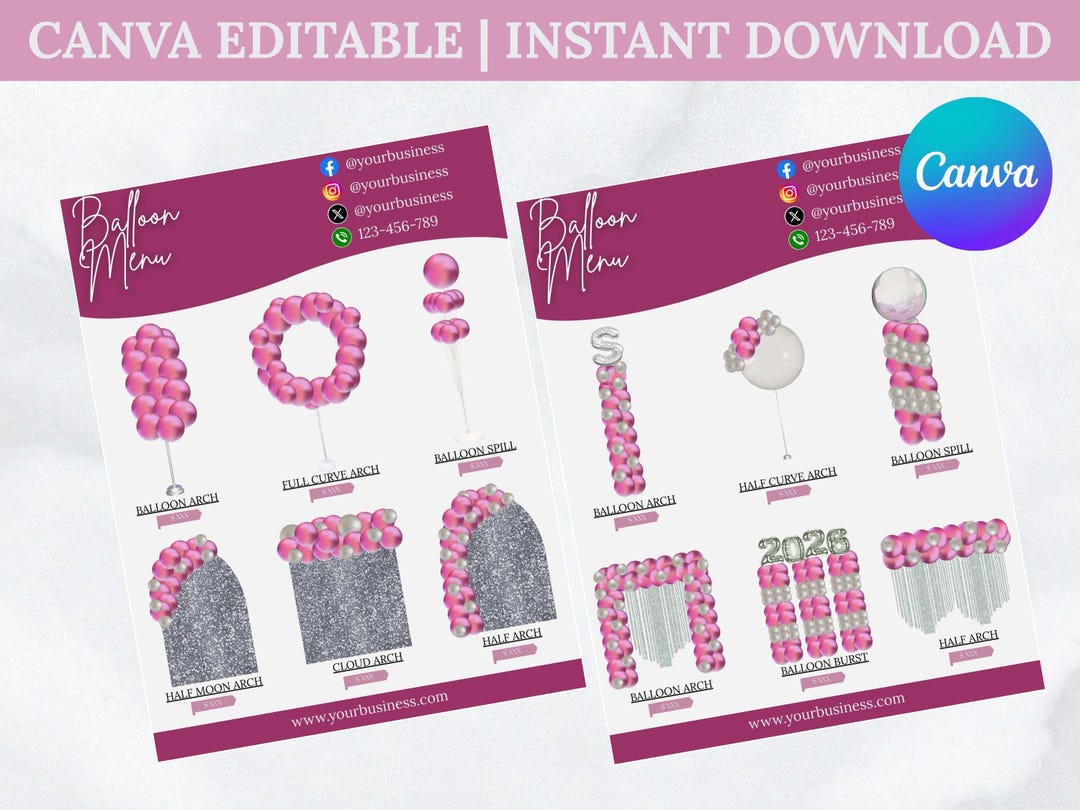 Balloon Menu Template: Editable Garland Price List for Balloon Decor ...