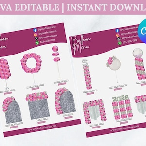 Könnte beinhalten: Zwei rosa-weiße "Ballon-Menü"-Vorlagen mit verschiedenen Ballonbogen-Designs, darunter "Balloon Arch", "Full Curve Arch" und "Half Moon Arch". Die Vorlagen sind mit "Canva Editable | Instant Download" beschriftet.