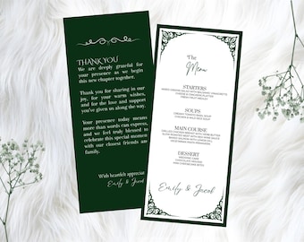 Plantilla de menú de boda con dinero antiguo, tarjeta de menú de recepción editable, menú imprimible elegante para mesa de boda, descarga digital de Canva