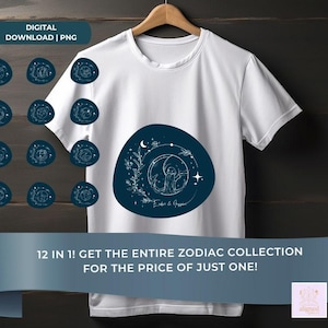 星座Tシャツデザインバンドル：占星術グラフィック、クリカット＆昇華転写（デジタルダウンロード）