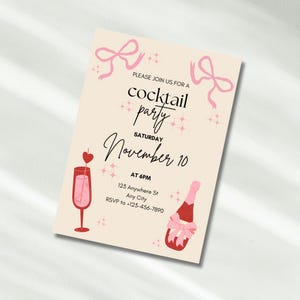 Modelo de convite para 21º aniversário | Convite ilustrado editável para festa de aniversário | Convite de aniversário com coquetel rosa e vermelho