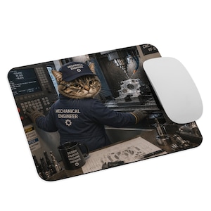 Mechanical Engineer Cat Mouse Pad, CNC Machine Operator Desk Mat, Machinist Gift, Manufacturing Engineer Mouse Pad