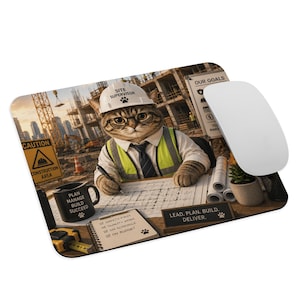 Puede incluir: Una alfombrilla de ratón rectangular con un gato que lleva un casco blanco con la etiqueta SITE SUPERVISOR y un chaleco de seguridad amarillo. El gato está en un escritorio de obra con planos, una taza y un bloc de notas sobre la mesa.