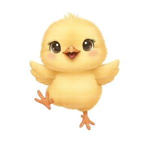 Puede incluir: Ilustración de un pollito amarillo de estilo caricatura, con las alas abiertas y una expresión alegre. El pollito tiene ojos grandes, mejillas rosadas y está de pie sobre una pata. La imagen está sobre un fondo blanco.