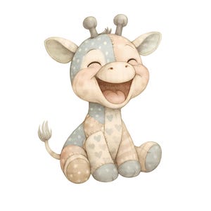 May include: Watercolor illustration of a smiling giraffe plush toy. The giraffe has a patchwork design in pastel colors, including blue, beige, and pink. The giraffe is sitting with its legs crossed and has a small tail.