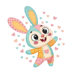 Op de afbeelding: Illustratie van een vrolijk cartoonkonijn met een patchwork-ontwerp in pastelkleuren. Het konijn heeft grote ogen, een roze neus en is omringd door hartjes. Het konijn draagt een geel en blauw outfit met een roze broek met stippen.