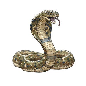 Puede incluir: Ilustración de una cobra con la capucha levantada, la boca abierta y la lengua extendida. El cuerpo de la serpiente es una mezcla de escamas verdes, marrones y beige, con el vientre más claro. El fondo es blanco.
