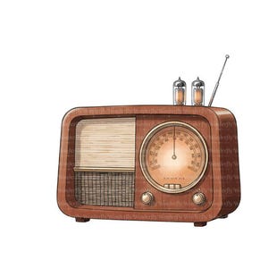 Pode incluir: Ilustração de um rádio de madeira vintage com mostrador, alto-falante e antena. O rádio tem um acabamento marrom quente com um design retrô. Dois tubos de vácuo e um mostrador com números são visíveis.