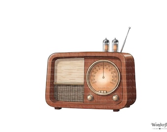 May include: Illustration of a vintage wooden radio with a dial, speaker, and antenna. The radio has a warm, brown finish with a retro design. Two vacuum tubes and a dial with numbers are visible.