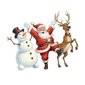 May include: A whimsical illustration of a snowman, Santa Claus, and a reindeer, all in a celebratory pose. Santa is wearing a red suit and hat, the snowman has a black top hat, and the reindeer has a bell collar. The image is set against a white background.