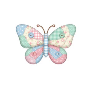 Peut inclure: Un papillon d&eacute;coratif aux ailes en patchwork dans des tons pastel. Les ailes pr&eacute;sentent des motifs &agrave; pois, &agrave; carreaux et floraux, avec des boutons d&eacute;coratifs. Le papillon a des antennes marron et un corps &agrave; carreaux.