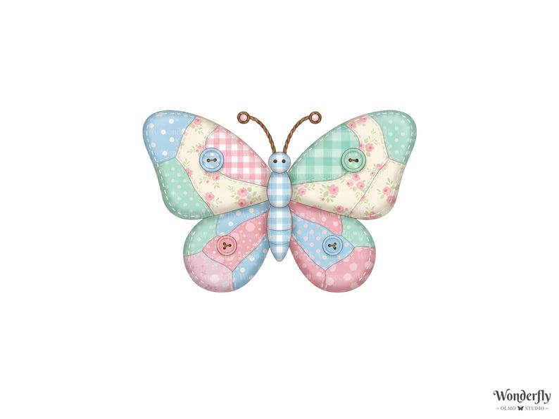 Peut inclure: Un papillon d&eacute;coratif aux ailes en patchwork dans des tons pastel. Les ailes pr&eacute;sentent des motifs &agrave; pois, &agrave; carreaux et floraux, avec des boutons d&eacute;coratifs. Le papillon a des antennes marron et un corps &agrave; carreaux.