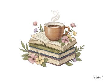 10 Clipart di libri e fiori con tazze di caffè: PNG acquerellati (download digitale)