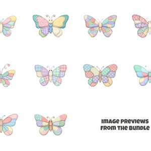 Peut inclure: Plusieurs illustrations de papillons aux couleurs pastel. Chaque papillon pr&eacute;sente un motif patchwork avec divers motifs et couleurs, dont le rose, le bleu, le jaune et le vert. Le texte "IMAGE PREVIEWS FROM THE BUNDLE" est inclus.
